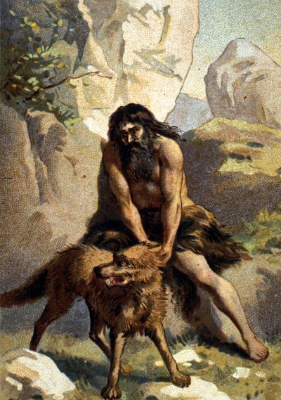 Lycanthropie: Waanzin van degene die denkt dat hij in een wolf is veranderd. Chromo uit de 19e eeuw door Unknown artist