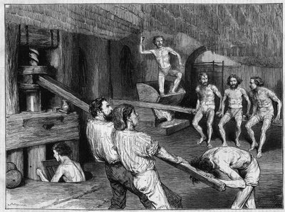 Macaronifabriek in Napels: gebruik van een schroefmolen om de pasta te bereiden die vervolgens met de voeten wordt gekneed. Gravure in 