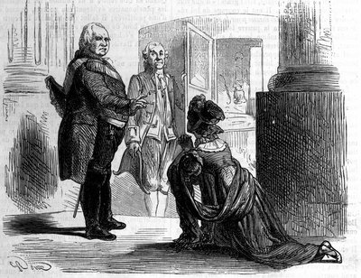 Madame de gravin van Labedoyere op de knieën van Lodewijk XVIII, koning van Frankrijk. door Unknown artist