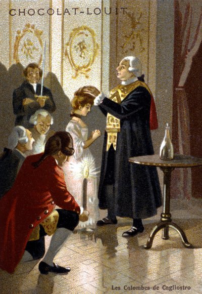 Magische sessie van Giuseppe Balsamo, bekend als Alexander, Graaf van Cagliostro (1743 - 1795). Chromolithografie uit het einde van de 19e eeuw door Unknown artist