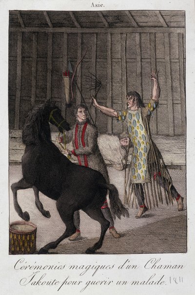 Magische ceremonie van een sjamaan Yakoute (Yakoute) om een zieke te genezen (Siberië) - gravure, begin 19e eeuw door Unknown artist