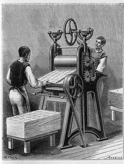 Het maken van speelkaarten volgens oude methoden. Cilinder van speelkaarten. Gravure uit 1893. door Unknown artist