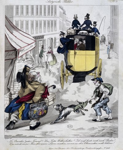 Man mist de omnibus. Cartoon gemaakt rond 1840 door Unknown artist