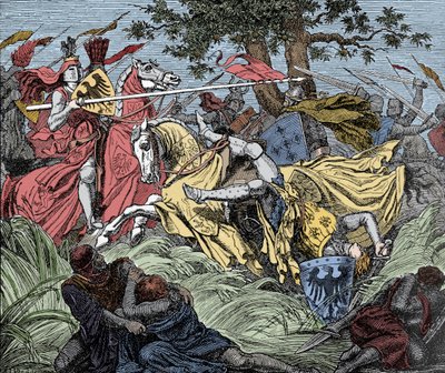 Manfred gedood in de strijd - Slag bij Benevento (26 februari 1266): de dood van Manfred I (van Hohenstaufen) door Unknown artist