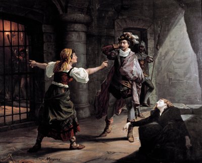 Manrico en Azucena zijn opgesloten in de toren van het Aliaferia-paleis, Leonora probeert hen te redden Illustratie voor 