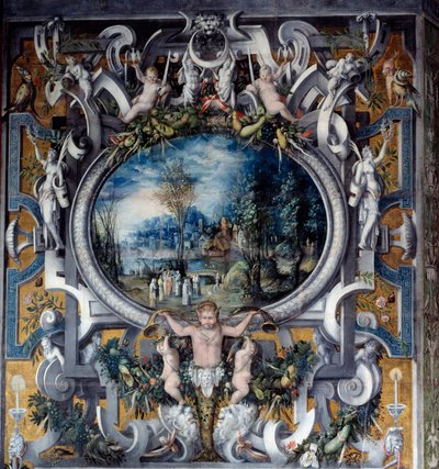 Mantel van de schoorsteen van het eerbetoon aan Julius Caesar in de kamer van de Romeinse helden. Anoniem schilderij. Rond 1547. door Unknown artist