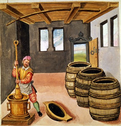 Fabricage van buskruit - in Manuale di pirotechnia, armeria e fortificazioni uit de 16e eeuw. door Unknown artist