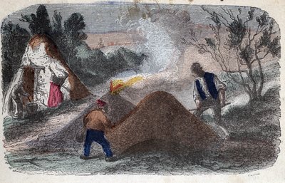 Fabricage van houtskool in de 19e eeuw: kolenmakers voor molenstenen bestaande uit hout en klei, die ze in brand steken. Gravure eind 19e eeuw. door Unknown artist