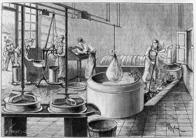 Fabricage van gruyère: een moderne kaasfabriek. Gravure in 