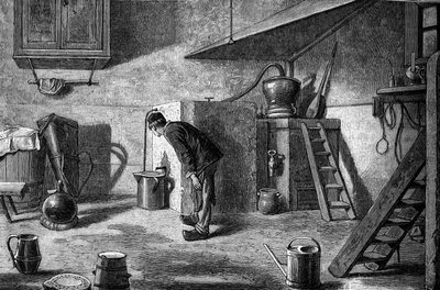 Productie van kirsch: distillatie, kasteel van Isenberg in de Elzas. Gravure in 