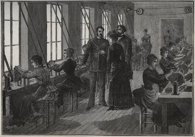 Fabricage van metalen veren: slijpwerkplaats in Frankrijk in de 19e eeuw. Gravure uit 1885 in “Les arts et métiers illustrés” door Adolphe BITARD door Unknown artist