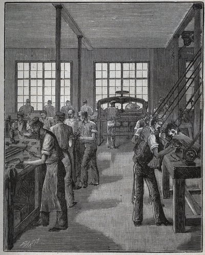 Fabricage van pennenhouders en potloodhouders. Gravure uit 1885 in 