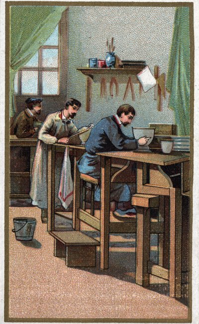 Porseleinproductie: draaien. Chromolithografie van het einde van de 19e eeuw. door Unknown artist