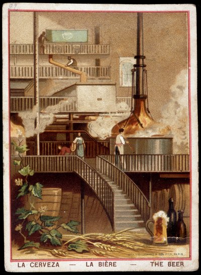 Bierproductie in de 19e eeuw: Brouwerij - Chromolithografie 19e eeuw door Unknown artist
