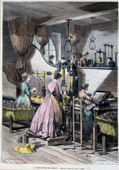 Tabaksproductie, verpakking van tabak om te roken. Lithografie van 1867 door Unknown artist