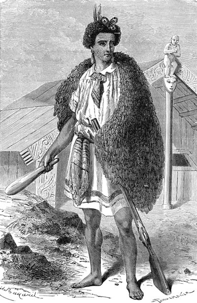 Maori Chef in de buurt van AUCKLAND, Nieuw-Zeeland. Gravure 1885 door Unknown artist