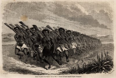 Maori oorlogsdans. Illustratie van Ferdinand de Hochstetter