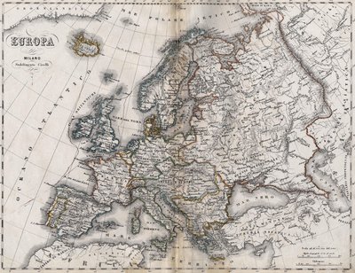 Kaart van Europa. Tweede helft van de 19e eeuw. Italiaans Atlas. Stabilimento Civelli. Milaan. door Unknown artist