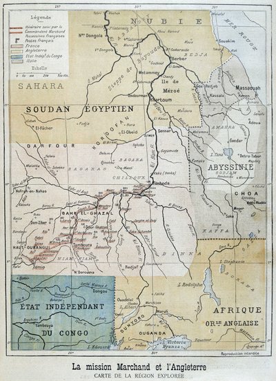 Kaart van het gebied verkend door de Mission Marchand - in "Le Petite Journal" van 09/10/1898 door Unknown artist