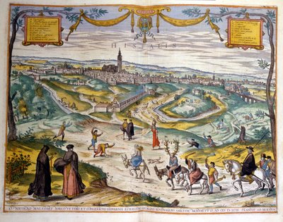Kaart van de stad Sevilla in 1590. Rechtsonder in de afbeelding maken de dorpelingen grapjes over een bedrogen man op zijn ezel. door Unknown artist
