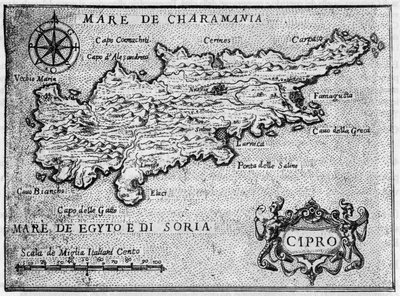 Kaart van het eiland Cyprus (cipro) in 1587 in 