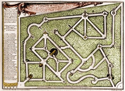 Kaart van het doolhof in het park van het kasteel van Versailles, gemaakt door Andre Le Notre (1613-1700). Gravure in 