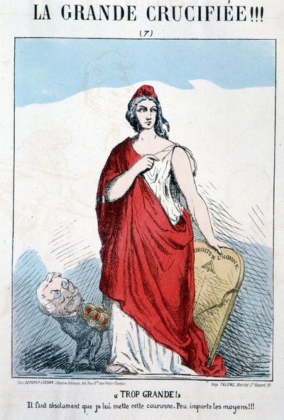 Marianne houdt Mensenrechten in haar hand waaraan Thiers een kroon wil geven - Karikatuur door Unknown artist
