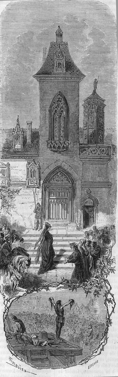 Marie van Bourgondië vraagt om gratie voor haar ministers. Dood van Hugonat en de Heer van Humbercourt op 3 april 1477. Gravure uit de 19e eeuw. door Unknown artist