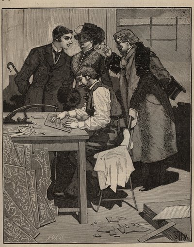 Marqueterie: marqueterie aan het werk. Gravure uit 1885 in 