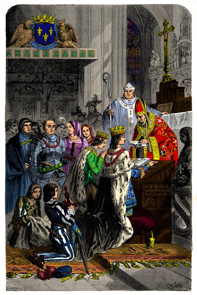 Huwelijk tussen Karel VIII (1470-1498) en Anna van Bretagne (1477-1514) op 13 december 1491 in het kasteel van Langeais, Gravure 19e eeuw door Unknown artist