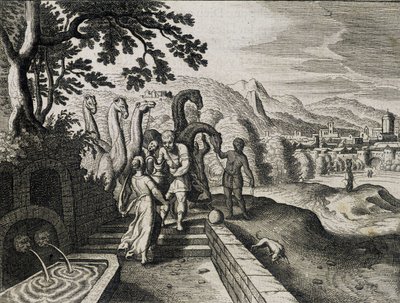 Huwelijk van Isaak en Rebekka. Gravure uit een 17e-eeuwse Bijbel door Unknown artist