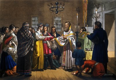 Huwelijk van Russische boeren gevierd volgens de orthodoxe ritus door Unknown artist