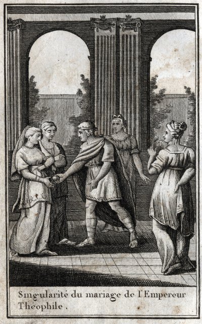 Huwelijk van de Byzantijnse keizer Theophilus (813-842): nadat hij de mooiste vrouwen in het koninkrijk had verenigd om een vrouw te vinden, koos hij Theodora en bood haar een gouden appel aan. Gravure in 