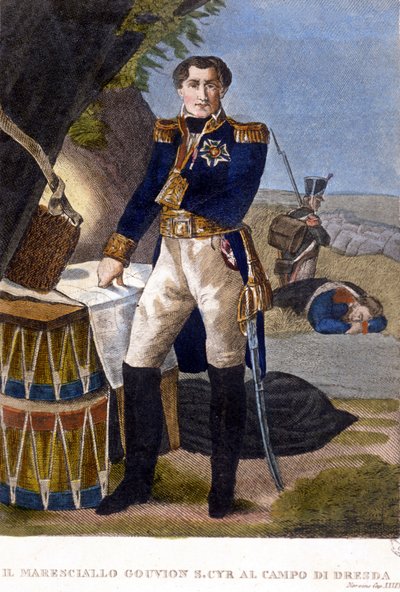 Maarschalk Laurent Marquis de Gouvion Saint Cyr (1764-1830) bij de Slag om Dresden in 1813. gravure 19e eeuw door Unknown artist