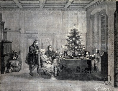 Maarten Luther (1483-1546) Duitse religieuze hervormer viert Kerstmis met de familie. Gravure uit de 19e eeuw door Unknown artist
