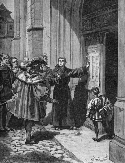 Maarten Luther (1483-1546) hangt zijn 95 stellingen in Wittenberg op door Unknown artist