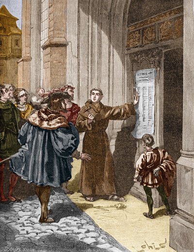Maarten Luther (1483-1546) hangt zijn 95 stellingen op in Wittenberg door Unknown artist