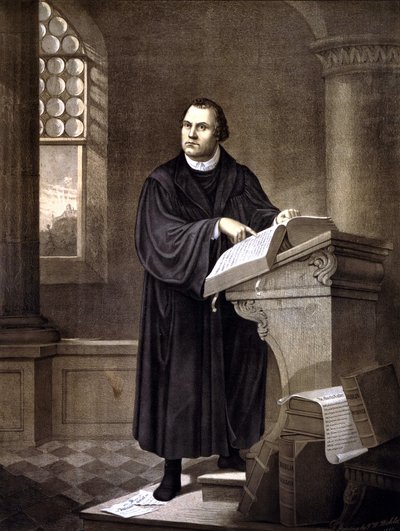 Maarten Luther (1483 - 1546) lezend in een kerk door Unknown artist