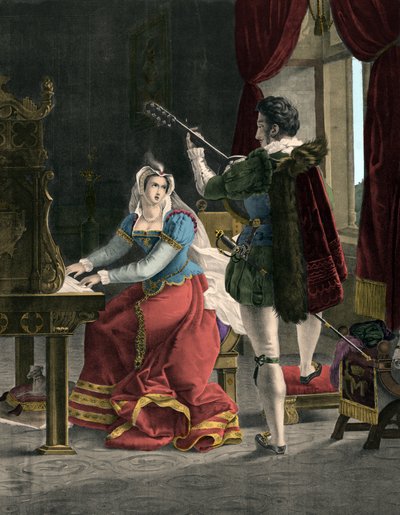 Mary Stuart en David Rizzio - Marie (Mary) Iere Stuart (1542-1587) met David (Davide) Rizzio - 19e-eeuwse gravure door Unknown artist
