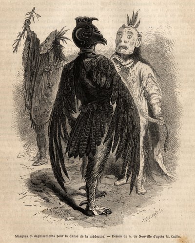 Maskers en vermommingen voor de medicijndans onder de Naya-indianen. Gravure ter illustratie van een excursie onder de indianenstammen van de bekkens van Colombia en de Boven-Missouri, door G. Catlin, in 1855, gepubliceerd in 
