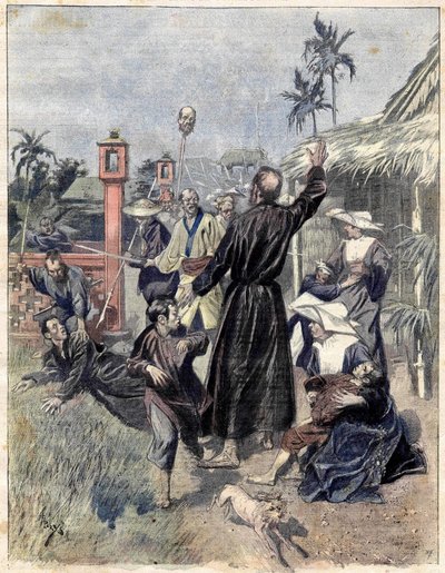 Bloedbad van christenen in China in 1893, gebaseerd op de aquarel van M. de Parys voor Le soleil du dimanche. Oktober 1893 door Unknown artist