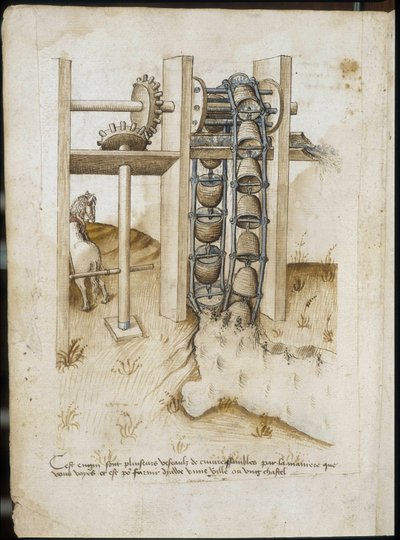 Mechanisch systeem met een wiel op paardenkracht om de aarde te graven - Manuscript: perkamentblad uit een ingenieurshandboek voor de bouw van civiele, religieuze en militaire gebouwen, anoniem, eind 15e eeuw (figuur in Chinese inkt) door Unknown artist