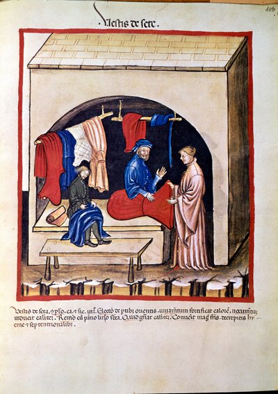 Handel in medicijnen: "zijde kledinghandelaar" Pagina uit "Tacuinum sanitatis" (Cod. ser. nov. 2644) Rond 1400 door Unknown artist