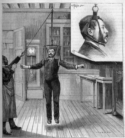 Geneeskunde: behandeling van ataxie door ophanging in het Salpetriere-ziekenhuis in Parijs. Bovenaan, detail van het apparaat dat voor de zorg wordt gebruikt. Gravure in 