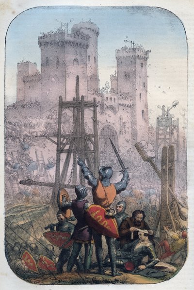 Middeleeuws leven - Aanvallen en verdedigen van een kasteel - gravure uit 