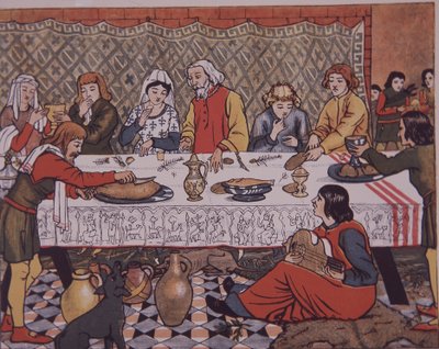 Middeleeuwse heer van het landgoed aan het dineren door Unknown artist