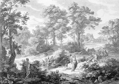 Ontmoeting tussen Odysseus die bij een rivier lag en Nausicaa (gravure eind 19e eeuw) door Unknown artist