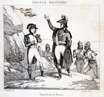 Ontmoeting van Napoleon Bonaparte en Pasquale of Pascal Paoli (1725 - 1807), Corsicaanse patriot. Gravure 19e eeuw door Unknown artist