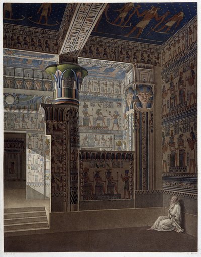 Memnonium Thebe, pl 37: Kleurrijk interieur perspectief van de tempel van het westen - in 