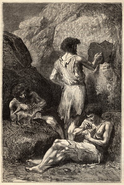 Mensen in het stenen tijdperk - Mensen in het stenen tijdperk - gravure uit de 19e eeuw door Unknown artist